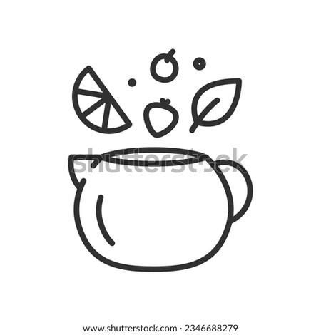 Tea brewing with berries and various additives, linear icon. Line with editable stroke