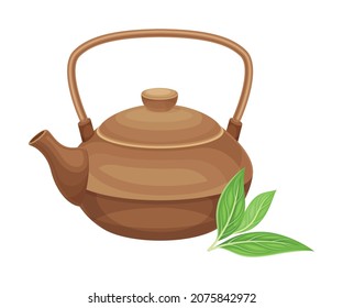 Tea Brewing in Ceramic Brown Teapot or Kettle with Spout as Hot Aromatic Beverage Preparation Closeup Vector Illustration