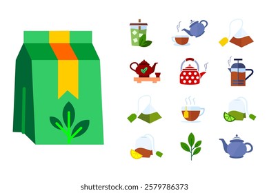 Tea brewing color icon set. Green and black tea leaf bags. Cup and teapot sign. Cafe illustration.