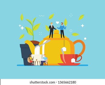 Tea brewing, tea culture. Morning tea with tiny people illustration. Suitable for header, hero image, website, poster, info graphic, and educational purpose.