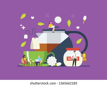 Tea brewing, tea culture. Morning tea with tiny people illustration. Suitable for header, hero image, website, poster, info graphic, and educational purpose.