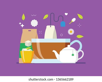 Tea brewing, tea culture. Morning tea with tiny people illustration. Suitable for header, hero image, website, poster, info graphic, and educational purpose.