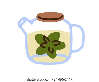 Tea brewing in glass pot. Chinese leaf, herbal infusion in water in transparent teapot. Green leaves, warm beverage. Calming soothing drink. Flat vector illustration isolated on white background