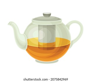 Tea Brewing in Glass Teapot or Kettle with Spout as Hot Aromatic Beverage Preparation Closeup Vector Illustration