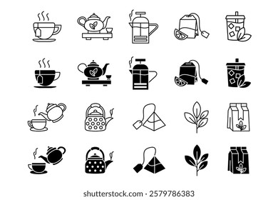 Tea brewing icon set. Tea ceremony illustration. Cup, teapot and kettle sign. Bags and package with leaves symbol.