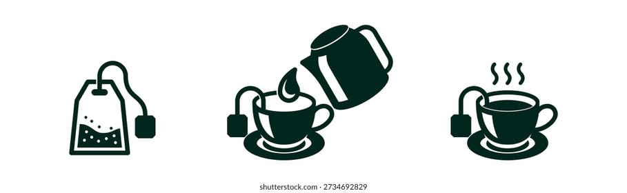 Teebrüh-Ikonen der Vorbereitung Teebeutel und Teebrüh-Anweisungen, Vektor. Tasse und Teebeutel mit Wasserkocher für Instruktionslinien-Symbole
