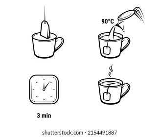 Tea brewing instruction icons or tea preparing method with cup and teabags brew, vector line labels