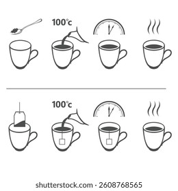 Tea brewing instruction line icons isolated on white background. Tea brew vector icons: cup, tea bags and kettle.