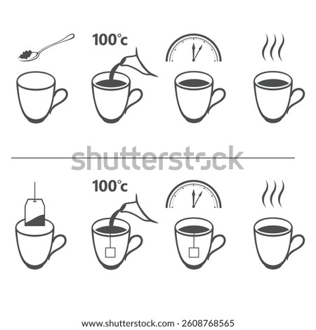 Tea brewing instruction line icons isolated on white background. Tea brew vector icons: cup, tea bags and kettle.