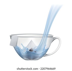 Tea brewing with pouring water into glass cup with teabag realistic vector illustration