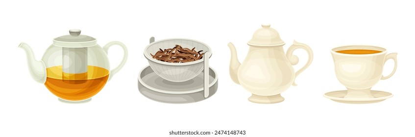 Tea Brewing with Teapot and Cup on Saucer Vector Set