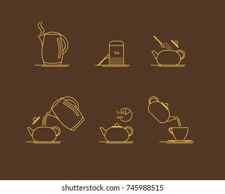 Tea Brewing Thin Line Set Making Instruction, Concept for Menu Cafe, Hotel. Vector illustration