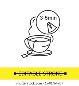 Tea brewing time icon. Steaming hot tea cup on saucer plate with teabag inside and brewing time indication. Vector editable stroke line illustration for instruction, recipe and product package design
