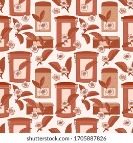 Tea brown seamless pattern with boxes, leaves and flowers