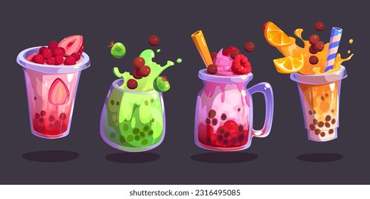 Tea bubble beverage with milk and tapioca vector. Summer boba ice drink in cup with fruit, berries and splash illustration. Isolated delicious milkshake and smoothie dessert clipart for cafe menu.