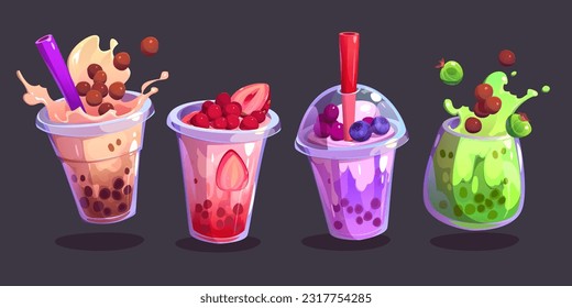 Tea bubble beverage with milk and tapioca vector. Summer boba coffee ice drink in cup with fruit and splash illustration. Isolated delicious milkshake and smoothie dessert clipart for cafe menu.