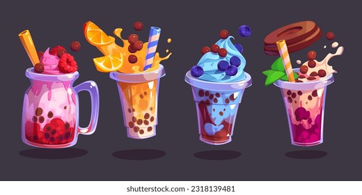 Tea bubble beverage with milk and tapioca vector. Summer boba coffee ice drink in cup with fruit, berries and splash illustration. Isolated delicious milkshake and smoothie dessert clipart cafe menu.