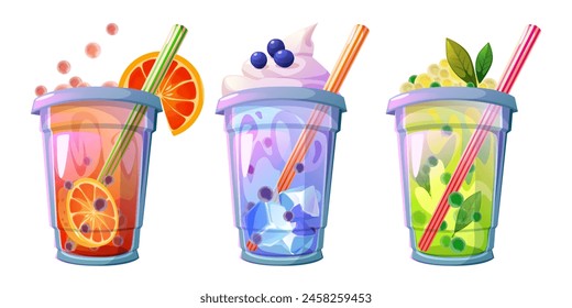 Tea with bubble, fruits and straw. Cartoon vector illustration set of cold drink in plastic cup with ice and balls. Cool summer beverage with orange, milk with berries and green with mint leaves.