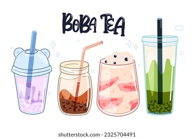 tea bubble milk. boba tea. iced tea plastic cups Vector illustration. Special promotions design. tea with pearl milk, delicious drinks, coffee  soft drinks with a logo and an advertising banner