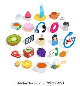 Tea and bun icons set. Isometric set of 25 tea and bun vector icons for web isolated on white background