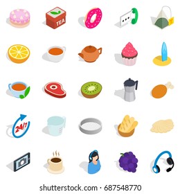 Tea and bun icons set. Isometric set of 25 tea and bun vector icons for web isolated on white background