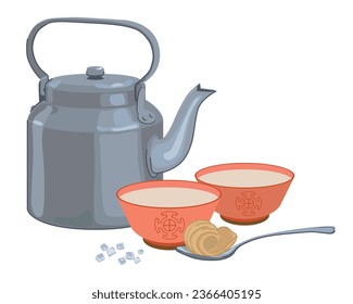 Tea with butter and salt. A traditional drink of the peoples of the Himalayan regions of Nepal, Bhutan, India and Mongolia. Vector, flat style. Stainless steel teapot, bowl, spoon, salt, oil.