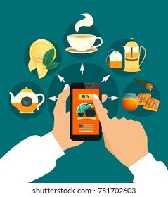 Tea buying online composition with smartphone in hands, cup, teapots, honey, lemon on green background vector illustration