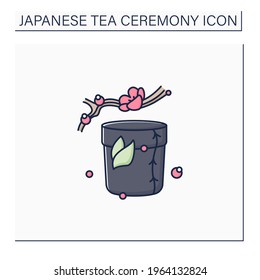 Tea caddy color icon. Special box for traditional herbal tea.Japanese ethnic and national ceremony. Sakura twig. Tea ceremony concept.Isolated vector illustration