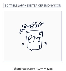 Tea caddy line icon. Special box for traditional herbal tea.Japanese ethnic and national ceremony. Sakura twig. Tea ceremony concept.Isolated vector illustration.Editable stroke