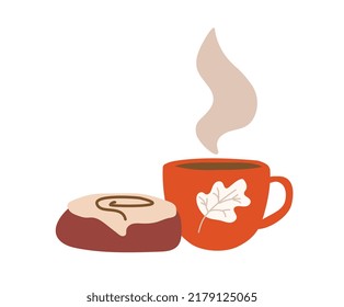 Tea With Cake. Autumn Season Elements And Symbols, Fall. Hot Drink, Coffee In Mug Or Cup Next To Dessert. Sweets, Bakery And Confectionery, Muffin, Cupcake Or Pie. Cartoon Flat Vector Illustration