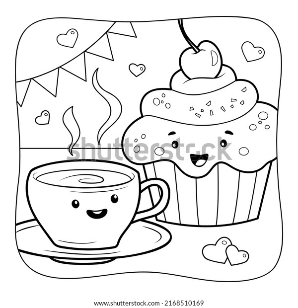 Tea Cake Black White Coloring Book Stock Vector (Royalty Free