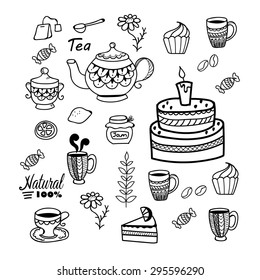 Tea and cake doodle set. Birthday cake,tea, coffee, sweets.