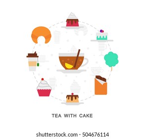 Tea with cake icons on white