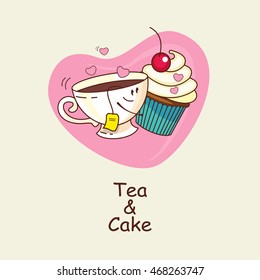 Tea and cake, love forever. Tea and cake hugging on the background of hearts .Comic, cartoon. Vector illustration.