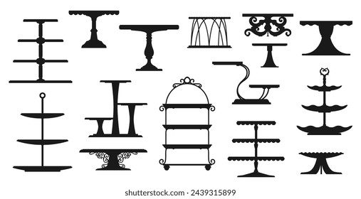 Tea cake platter or stand tray silhouettes of dessert plates and table tiers, vector icons. Restaurant food serving platters and wedding cake stands, bakery pies podium dish and pastry sweets trays svg
