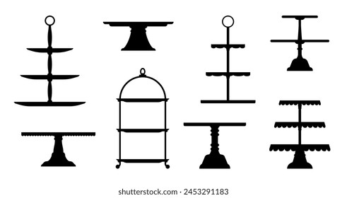 Plato de pastel de té, soporte de tarta de boda y bandeja de siluetas aisladas. Expositores de Vector y platos pedestales para comida de postre y pastelería. Pastel, tarta, magdalena, galleta y dulces vintage platos