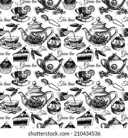 Tea and cake seamless pattern. Hand drawn sketch vector illustration. Menu design