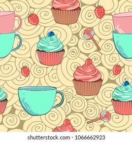 Tea and cake seamless pattern. Menu design. Vector Illustration