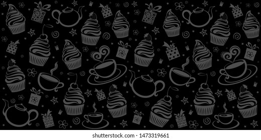 Tea and cake seamless pattern. Menu design. Template for a baking shop, cafe.  Grey and black pattern. Coffee House cover concept. Useful for background cafe. Vector Illustration