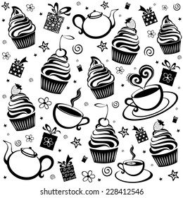 Tea and cake seamless pattern. Menu design. Vector Illustration