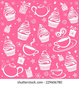 Tea and cake seamless pattern. Menu design. Vector Illustration 