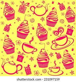Tea and cake seamless pattern. Menu design. Vector Illustration