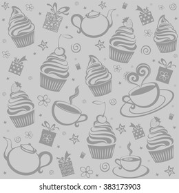 Tea and cake seamless pattern. Menu design. Vector Illustration