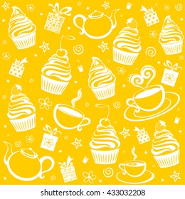 Tea and cake seamless pattern. Menu design. Vector Illustration 