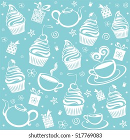 Tea and cake seamless pattern. Menu design. Vector Illustration