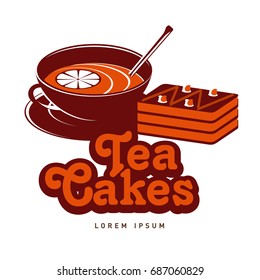 Tea and cakes logo vector illustration. Vintage style badges and labels design concept for confectionery. Two colors logo templates for your design. Isolated on a white background