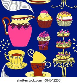 Tea and cakes vector illustration.