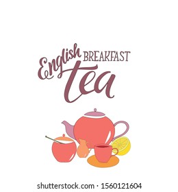 Tea – calligraphy, lettering. Hand drawn teapot and cup collection, sugar bowl, macarons, lemon isolated on background. Vector illustration of tea with icons for tea shop, tea house, cafe and  menu