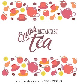 Tea – calligraphy, lettering text Hand drawn teapot and cup collection. Colorful tea cups, sugar bowl, macarons, lemon, teapots isolated on background. Vector illustration of tea with icons for cafe 