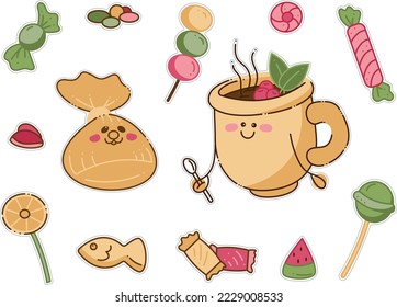 Juego de etiquetas con caracteres de té y caramelos. Té dulce, bolso de caramelos y diferentes tipos de dulces.